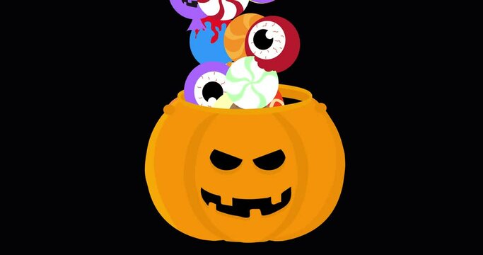 The hand of the skeleton brings the Halloween candy basket and the Candy begins to pour into it. The pumpkin gets bigger, the box becomes full
