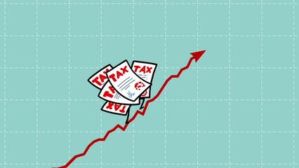 Tax still goes up seamless loop. Walking up taxes symbol. Cartoon character rising fast. Funny business animation.
