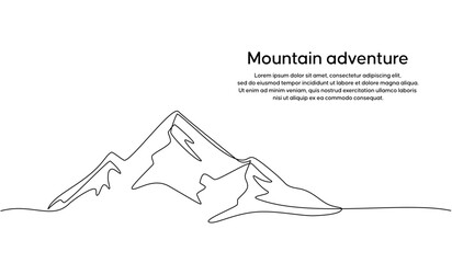 Continuous line drawing of a mountainous landscape. Minimalist horizon with mountain peaks in simple single line style. Winter sports adventure concept in doodle style. Editable strokes.