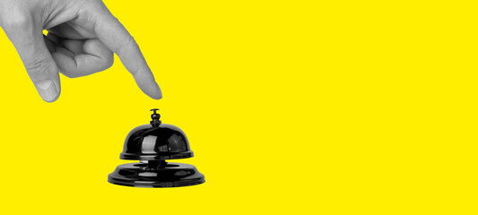 Banner with forefinger pressing on call bell on yellow background. Paying attention, alarm concept....