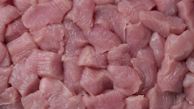 Chopped raw turkey meat top view, rotation