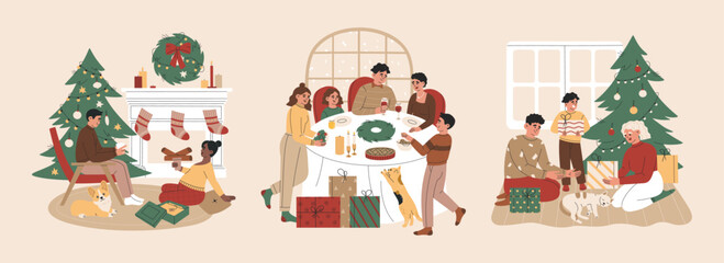 Christmas set of families with kids celebrate at home. Happy people near the xmas tree, at the feast table, give gifts. Hand drawn vector illustration isolated on light background. Flat cartoon style