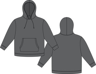 Hoodie template in dark gray color. Apparel hoody technical sketch mockup. Sweatshirt with hood, pockets. Unisex jumper.