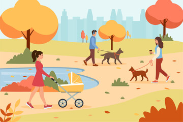 People walking in autumn park. Autumn nature.Vector illustration in flat style.