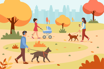 People walking in autumn park. Autumn nature.Vector illustration in flat style.