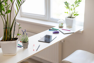 Open notebook, tablet computer on the office table. Office workplace