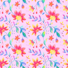 Watercolor floral seamless pattern on pink background. Bright folk red, green, yellow, blue flowers, leaves repeat print. Botanical design for wallpaper, fabric, textile, wrapping paper and decoration