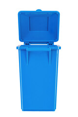 A new unbox blue large plastic bin  isolated on white background. Garbage container with a lid. Concept of cleaning, waste separation, and public hygiene