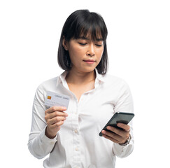 woman wearing white shirt holding credit card