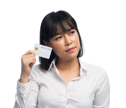 woman wearing white shirt holding credit card