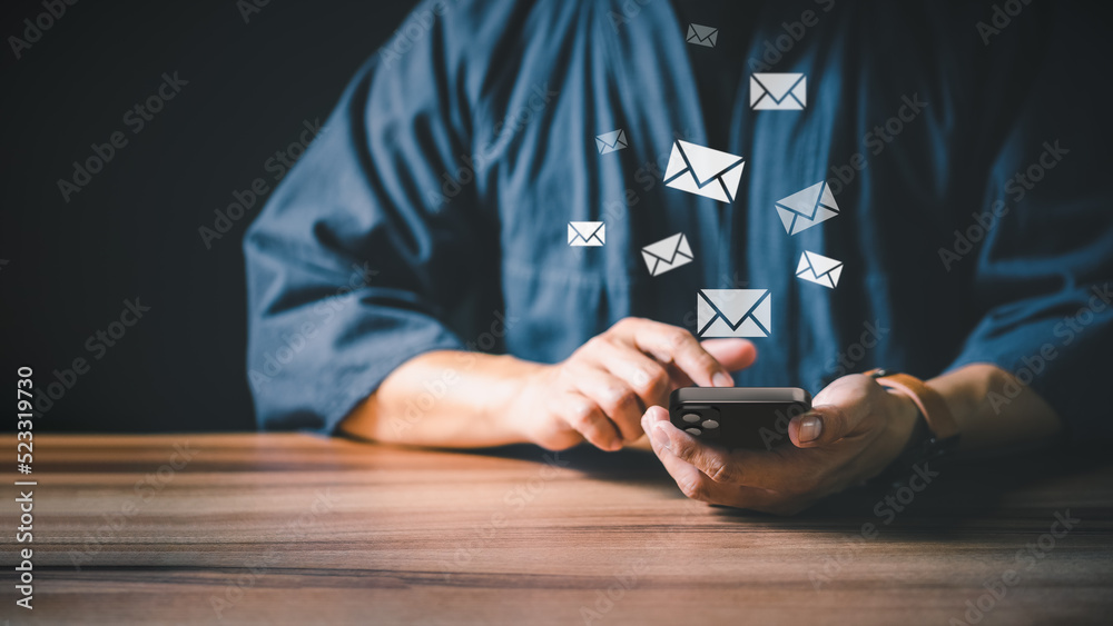 Poster Man's hand sending message from mobile phone with e-mail icon, Email marketing and newsletter concept.