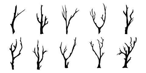 Black Branch Tree or Naked trees silhouettes set. Hand drawn isolated illustrations.