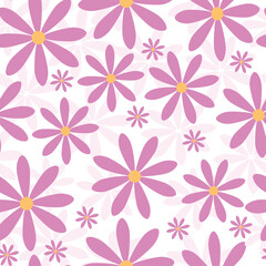 Cute floral seamless pattern background with pink daisy flowers on white backdrop. Vector illustration, Cute retro, vintage camomile wallpaper, textile design.