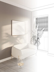A sketch becomes a room with a blank horizontal poster on a beige wall with a sunbeam, a glass floor lamp near a modern white sofa, large spikelets in a vase near a window with bamboo blind. 3d render