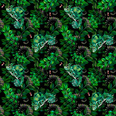 Chameleons with floral ornate pattern watercolor illustration