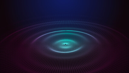 Futuristic dark background. The ripple effect of a web of blue and pink dots. Big data. Illustration of technologies and artificial intelligence. The effect of particle oscillation. 3D rendering.