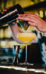 man hand bartender making sweet and sour refreshing cocktail on the bar counter
