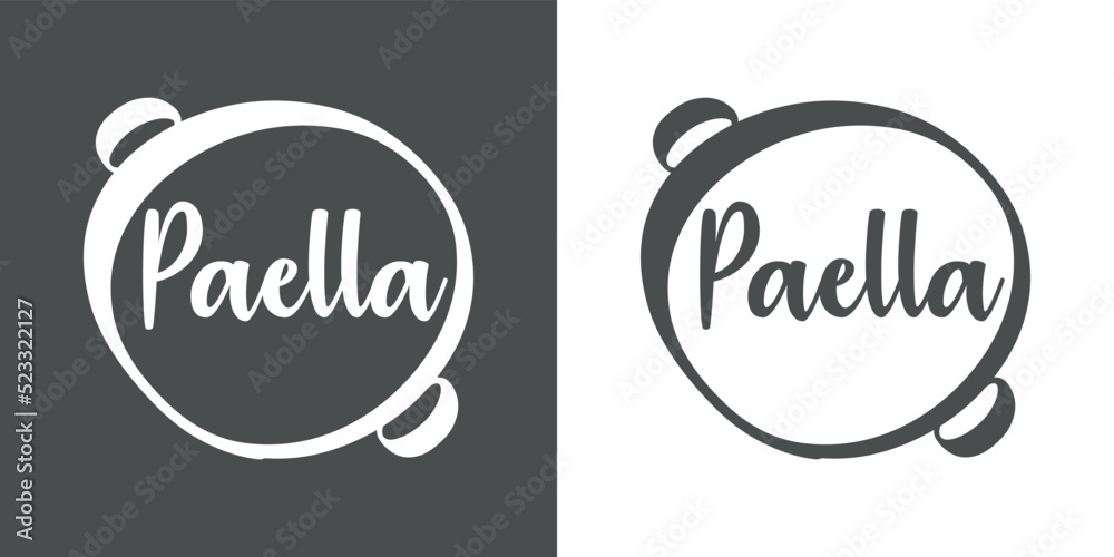 Poster Banner con texto manuscrito Paella con sartén. Logo restaurante. Vector en fondo gris y fondo blanco