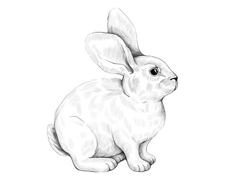 Hand drawn rabbit. Symbol of 2023. Pencil drawing on a white background. Hand-drawn, not AI.  PNG on a transparent background.