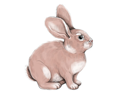 Hand drawn rabbit. Symbol of 2023. Drawing with colored pencils on a transparent background. Cute gentle illustration.