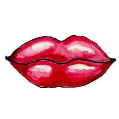 Watercolor red lips. Hand painted vector fashion illustration. Kiss lips.