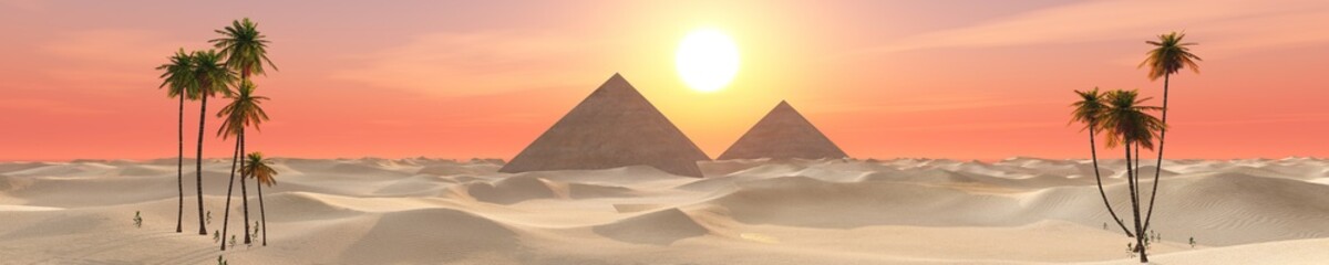 Sand dunes with pyramids and palm trees at sunset, sand desert panorama with paramids and palm trees, 3d rendering