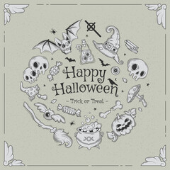 Happy halloween. Big set of horror hand drawn doodle. Collection halloween and magic elements. Pumpkins, ghost, skull, cemetery, black cat, magic cauldron, pot, hat, bat, moon phases, broom
