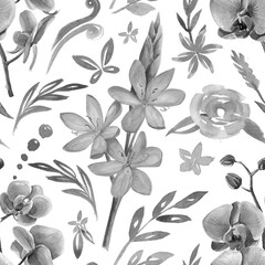Watercolor seamless botanical pattern in retro style. Vintage monochrome floral art with flowers of orchid and butterflies. For fabrics, textile, packs.