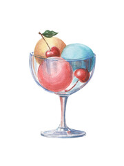 Watercolor hand-drawn art of summer colorful ice-cream with cherry berries in glass. Food with fruity, vanilla ice cream for celebration.