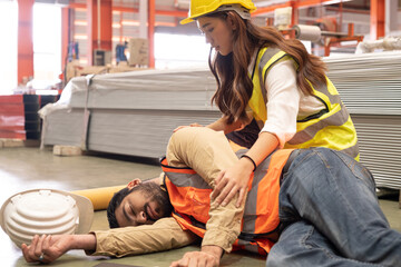 Men worker unconscious and pass out from the accident that happen inside of industrial factory...