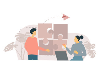 Teamwork, working together, discussing start-up. Meeting of colleagues.Teamwork concept. Colored flat vector illustration isolated on white background.