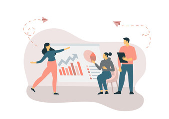 Teamwork, working together, discussing start-up. Meeting of colleagues.Teamwork concept. Colored flat vector illustration isolated on white background.