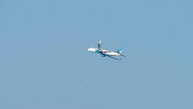 Long shot, Jet airplane fly away, climbing. Tourism and travel concept.