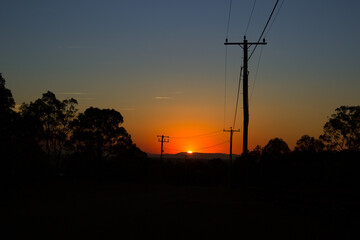 Power poles and lines silhouetted in a golden sunset