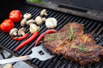Beef steaks cooking on the charcoal grill with chili pepper, tomatoes, garlic and mushrooms for bbq...