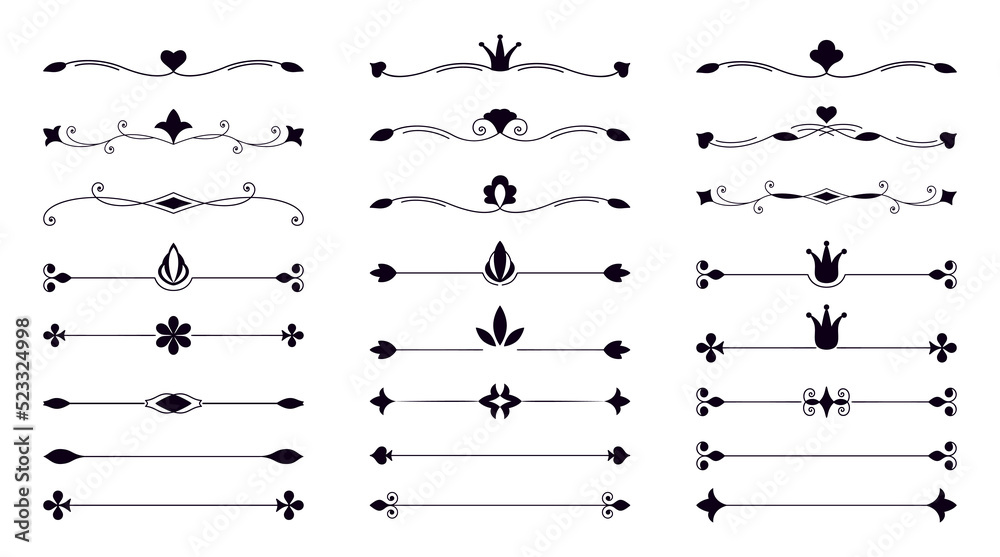 Fototapete dividers decor set. collection of classic vintage separators. vector black linear text dividers on a