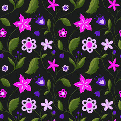 Cute floral seamless pattern on black background. Bright folk violet, pink flowers, leaves repeat print. Botanical ornament for wallpaper, fabric, textile, wrapping paper and decoration.