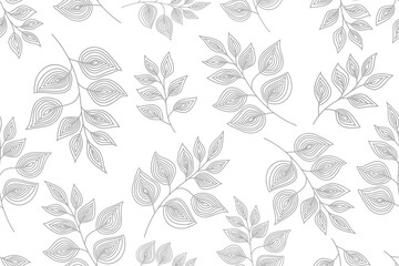 Gray Abstract leaves silhouette seamless pattern. Hand drawn leaf silhouettes. Vector design for paper, fabric