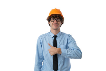Portrait of Smiling young business man dressed in light blue formal shirt and black tie protective construction helmet showing thumbs up isolated on white background.