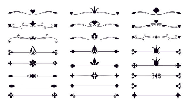 Dividers decor set. Collection of classic vintage separators. Vector black linear text dividers on a white background. Outlines label a set of border elements.