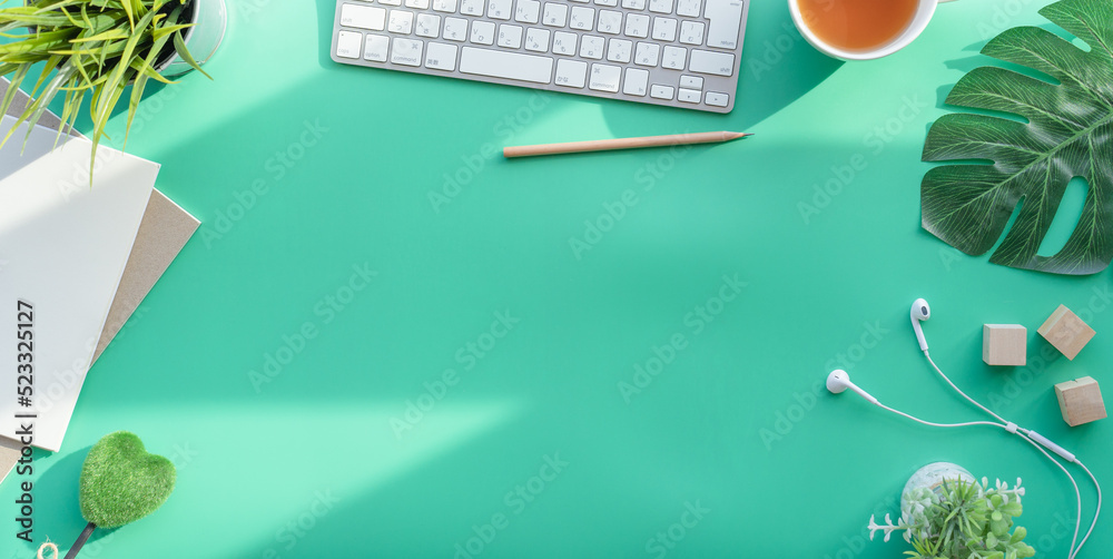 Fototapete flat lay of top view desk work table with coffee computer notebook and pencil work space in minimal 