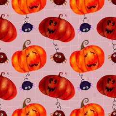 Seamless pattern with Halloween pumpkins and spiders on a plaid background