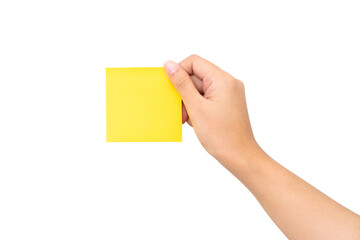 hand with yellow adhesive note - obrazy, fototapety, plakaty