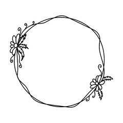 Doodle simple circle frame with elegant leaves, twig and floral element. Vector isolated clip art on white background. Hand drawn floral wreaths.