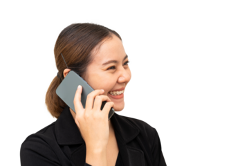 Asian woman talking a phone and smiling