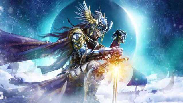 A beautiful valkyrie woman in golden golden shining armor dramatically leans on her sword in heavenly harbor against  cold eclipse, she accompanies ships to Valhalla.  clean looped 2d animation 