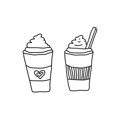 Set of different cups on white background. Coffee to go, milkshake. Line art.