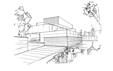 Line drawing, Modern house architecture drawing,2d illustration