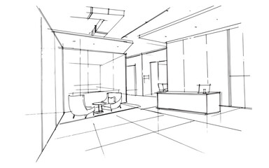 Company office waiting area sketch drawing, in the office, at the reception,2d illustration