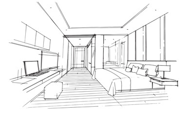 Master bedroom line drawing, Interior design of bedroom,2d illustration